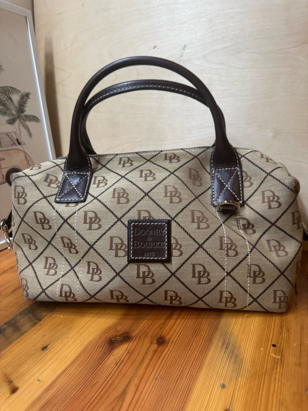 Dooney & Bourke Beige Monogram Top-Handle Satchel with Brown Trim